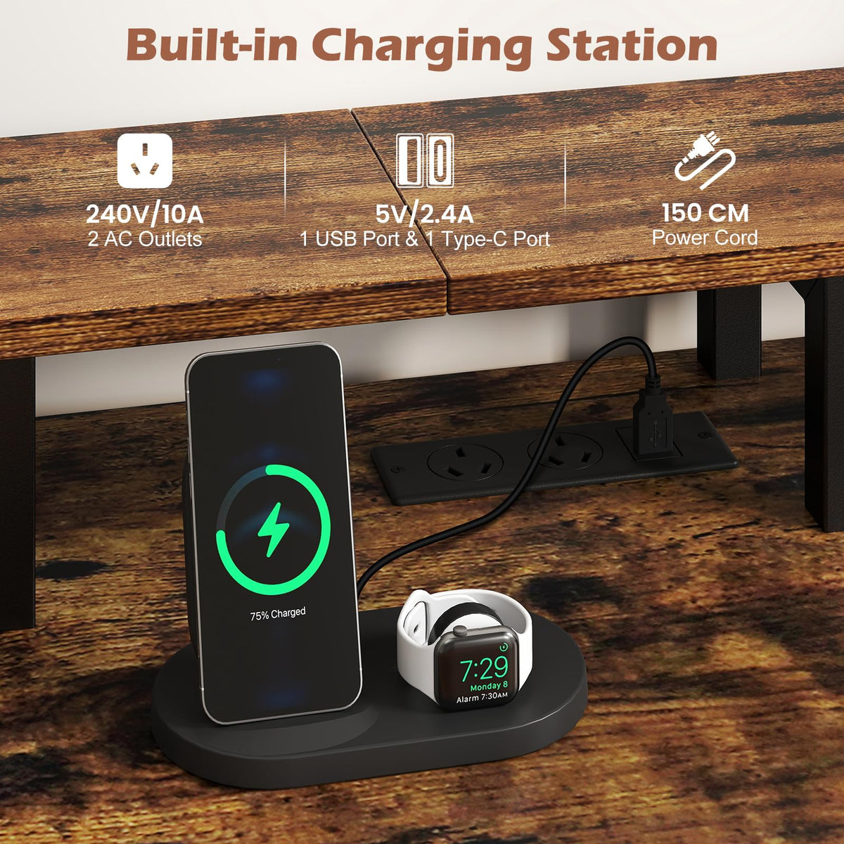 Reversible Office Desk with Charging Station and LED Light Strip
