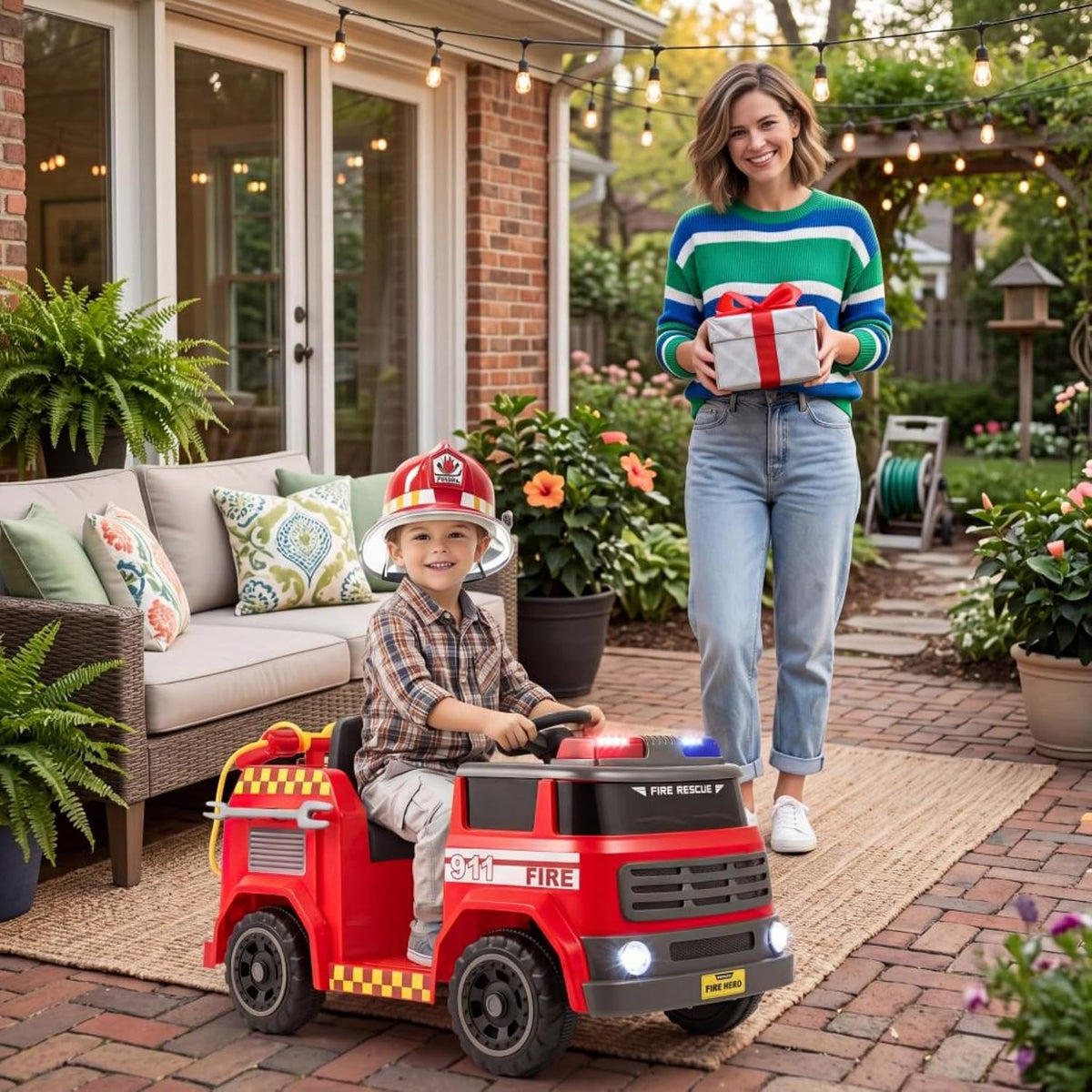 12V Ride on Fire Truck, Battery Powered Car Toy w/Parent Remote Control, Toddler Electric Fire Vehicle w/Water Gun & Tank, Interphone, Shovel, Wrench, Music, Alarm Lamp & Siren-Call for Boys & Girls