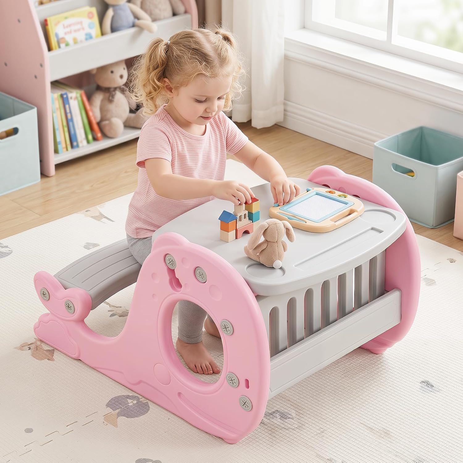 Convertible Kids Activity Table Set, Multi-Functional Angle-Adjustable Toddler Easel w/Erasable Whiteboard