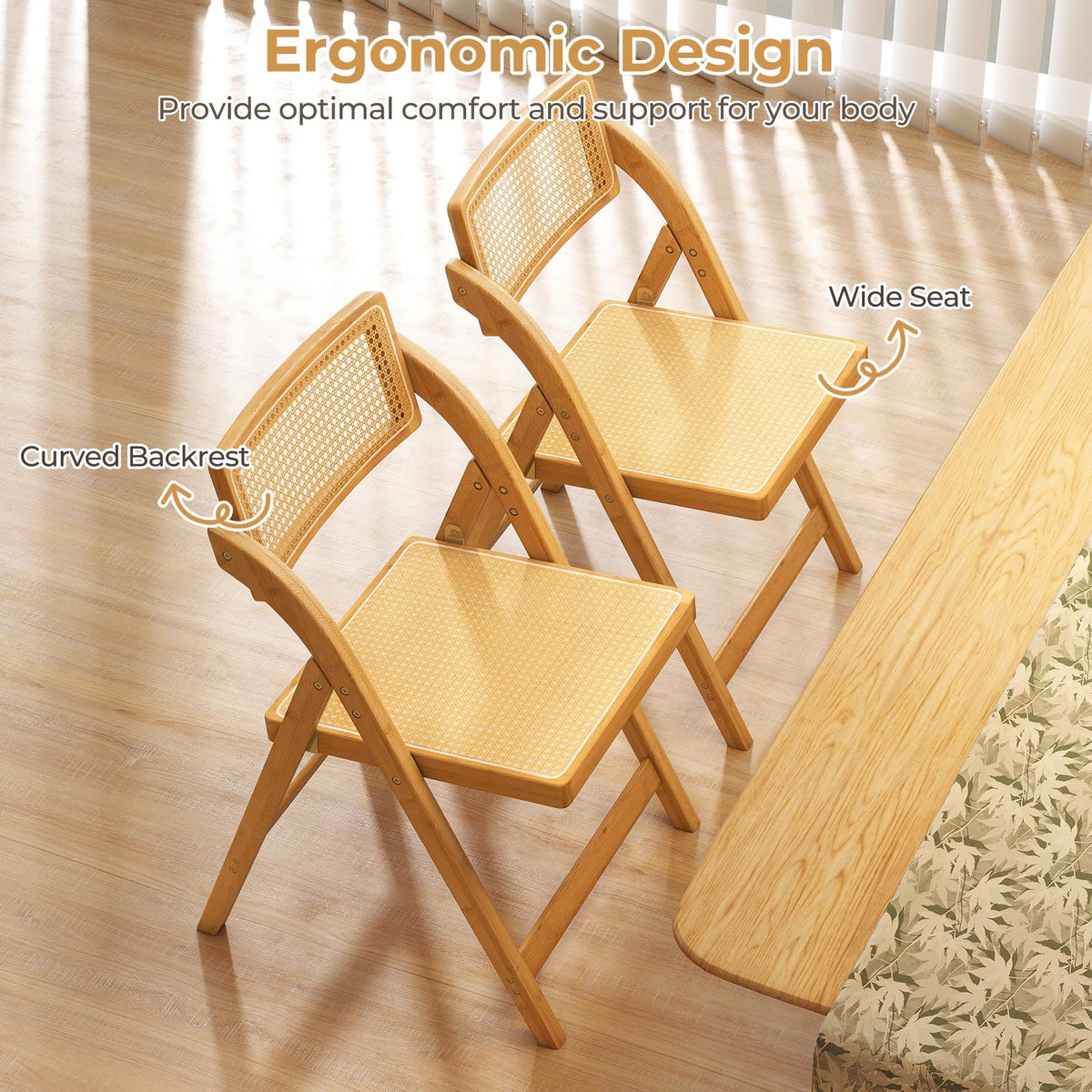 Rattan Cane Folding Chairs Set of 2, Bamboo Dining Chairs, Kitchen Side Chairs with Rotatable Backrests
