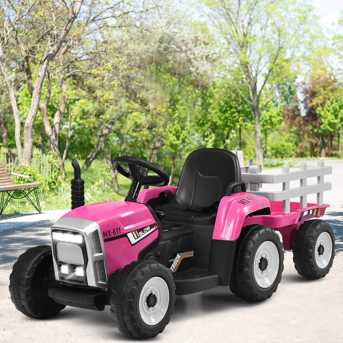 HONEY JOY Kids Ride On Car, 12V Electric Ride On Tractor with Trailer for Children, Electric Toy Car for Over 3 w/Remote Control