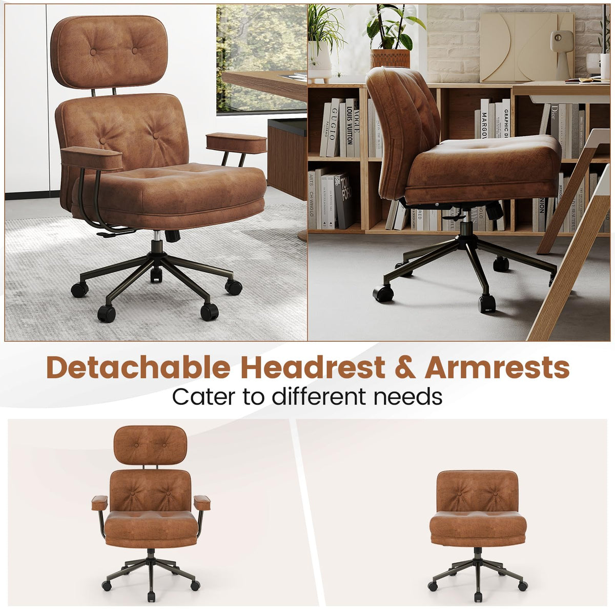 Ergonomic Home Office Chair, Mid Century Modern Suede Fabric Computer Desk Chair w/ Wide Tufted Seat