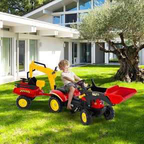 3 in1 Kids Ride On Excavator, Pedal car Bulldozer with 6 Wheels & Detachable Trailer