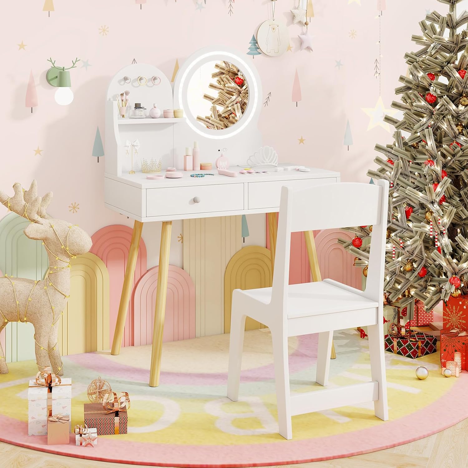 Kids Vanity Set, Princess Dressing Table with Chair