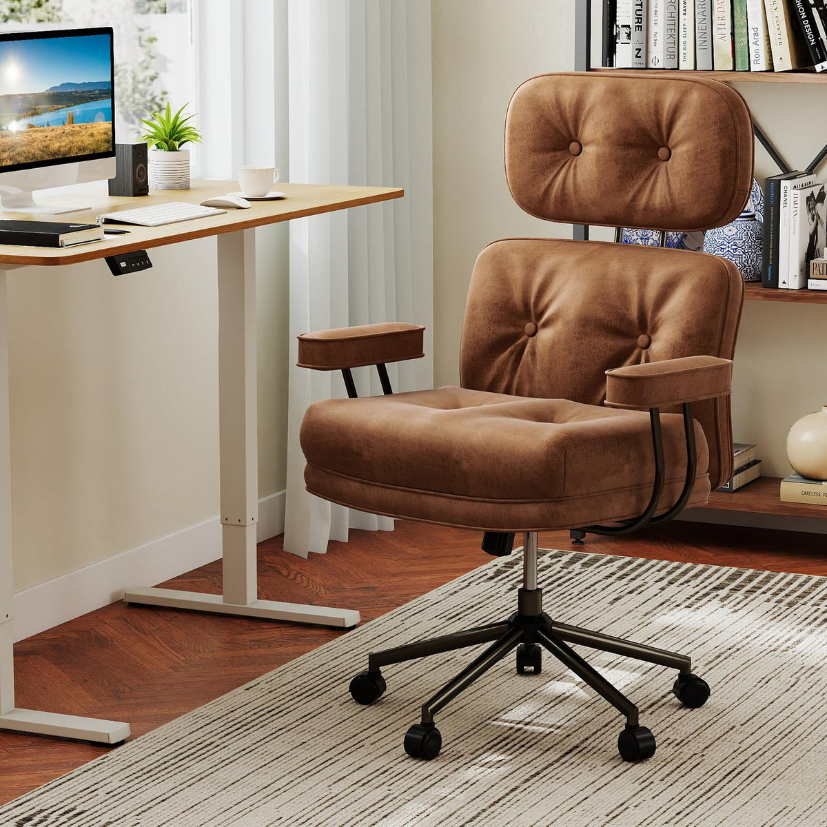 Ergonomic Home Office Chair, Mid Century Modern Suede Fabric Computer Desk Chair w/ Wide Tufted Seat