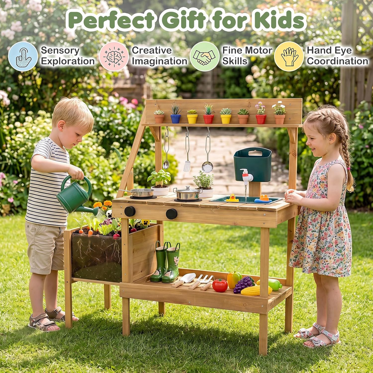Kids Mud Kitchen, Wooden Play Kitchen with Planter Box, Stoves, Water Tank, Sink & 9 Accessories, Outdoor Pretend Kitchen Playset for Toddlers Aged 3+