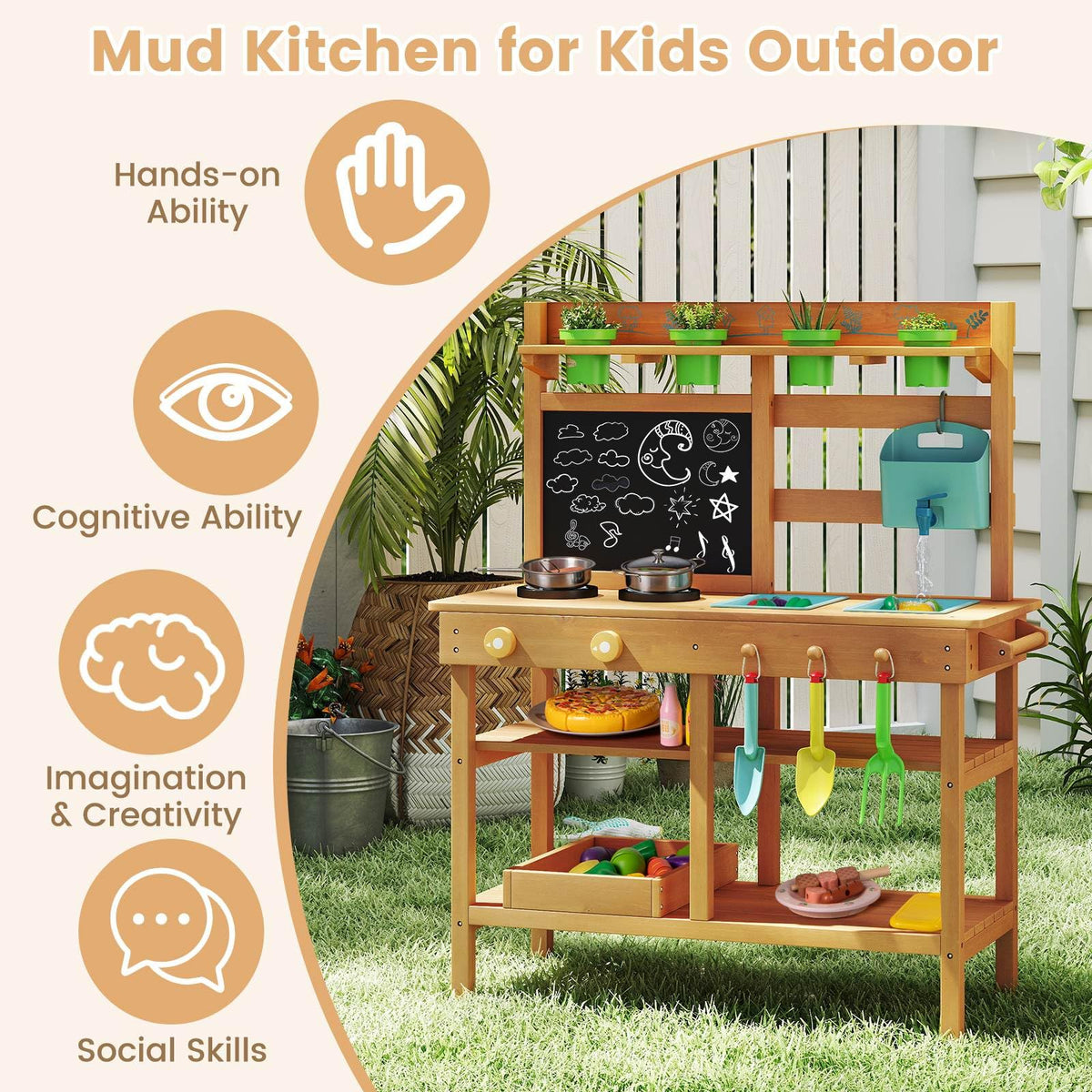 Mud Kitchen for Kids, Toddler Wooden Pretend Play Kitchen Playset with Faucet