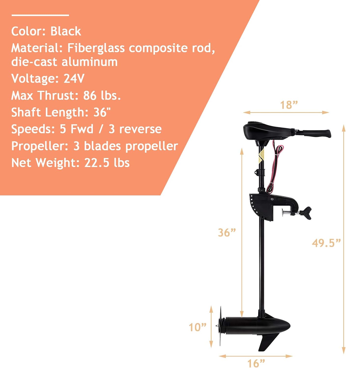 8 Speed Electric Trolling Motor Boat Fishing Motor with 36" Shaft and 2-bladed Propeller for Freshwater Saltwater