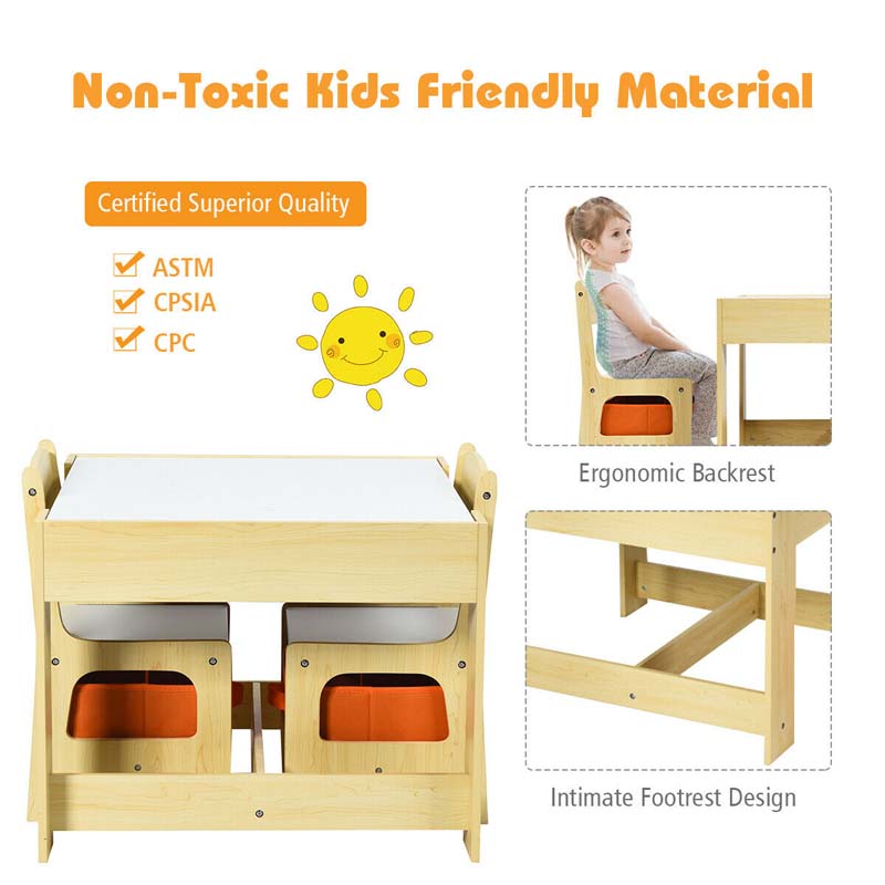 Kids Table & Chairs Set, 3-in-1 Wooden Toddler Activity Table with Storage, Reversible Tabletop & Blackboard for Art Craft, Drawing, Playroom