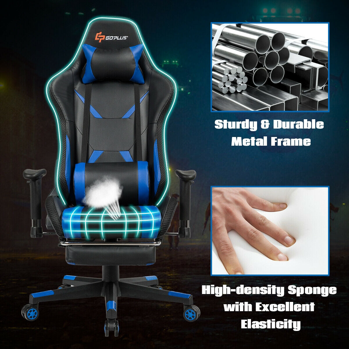 Ergonomic High Back Massage Gaming Chair with Light and Handrails