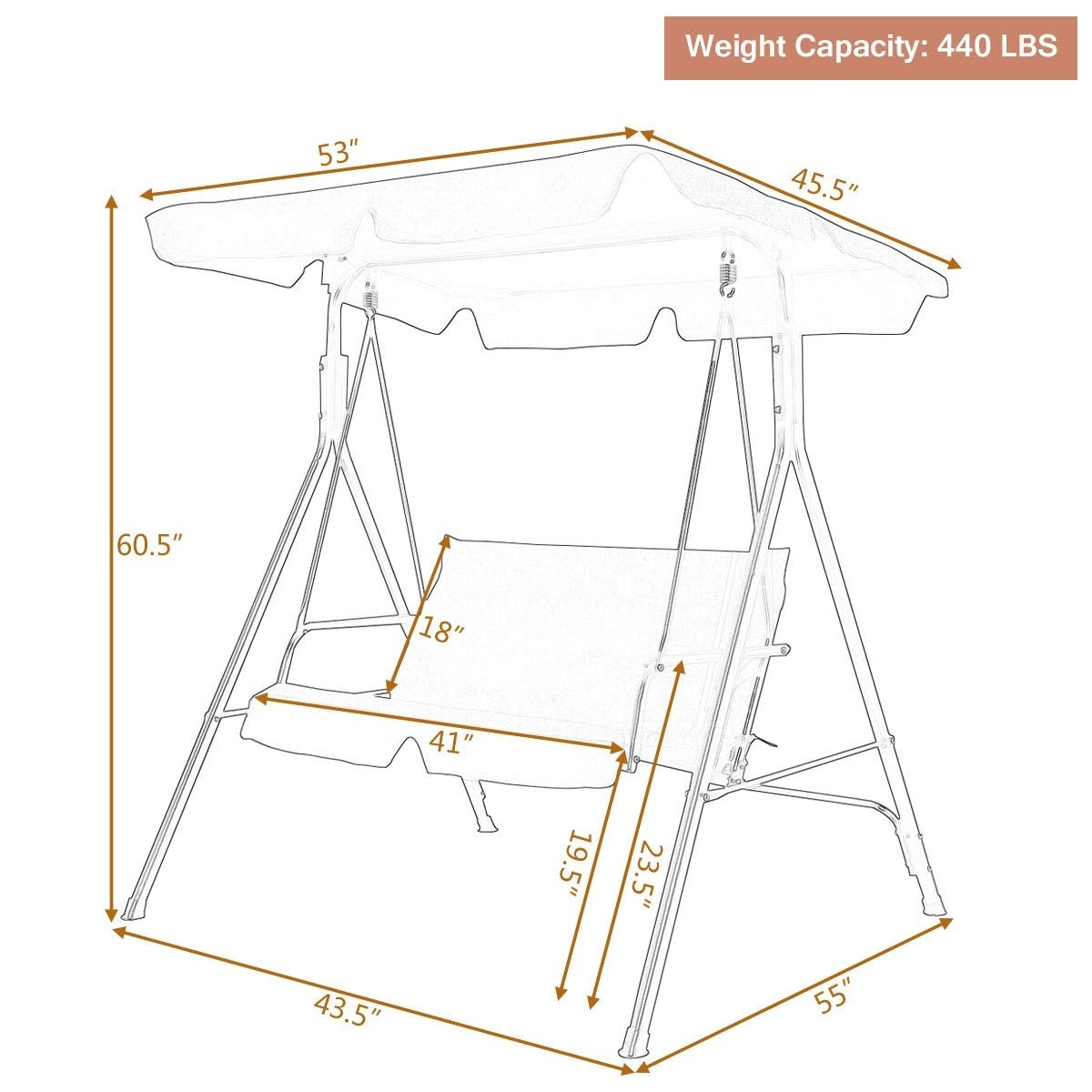 2 Person Weather Resistant Canopy Swing for Porch Garden Backyard Lawn