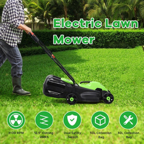 14" 12 Amp Folding Corded Electric Push Lawn Mower with Grass Bag
