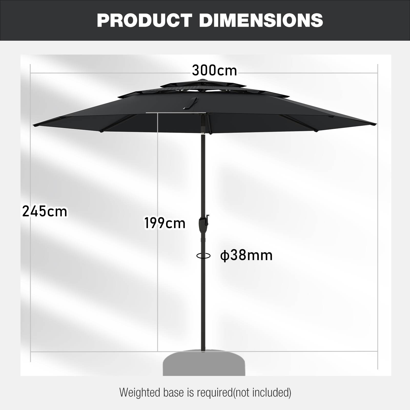 3 m 3-tier Vented Patio Umbrella Outdoor Heavy Duty Sun Shade w/Push Button Tilt