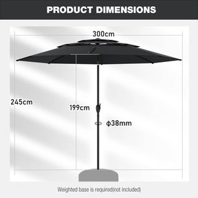3 m 3-tier Vented Patio Umbrella Outdoor Heavy Duty Sun Shade w/Push Button Tilt