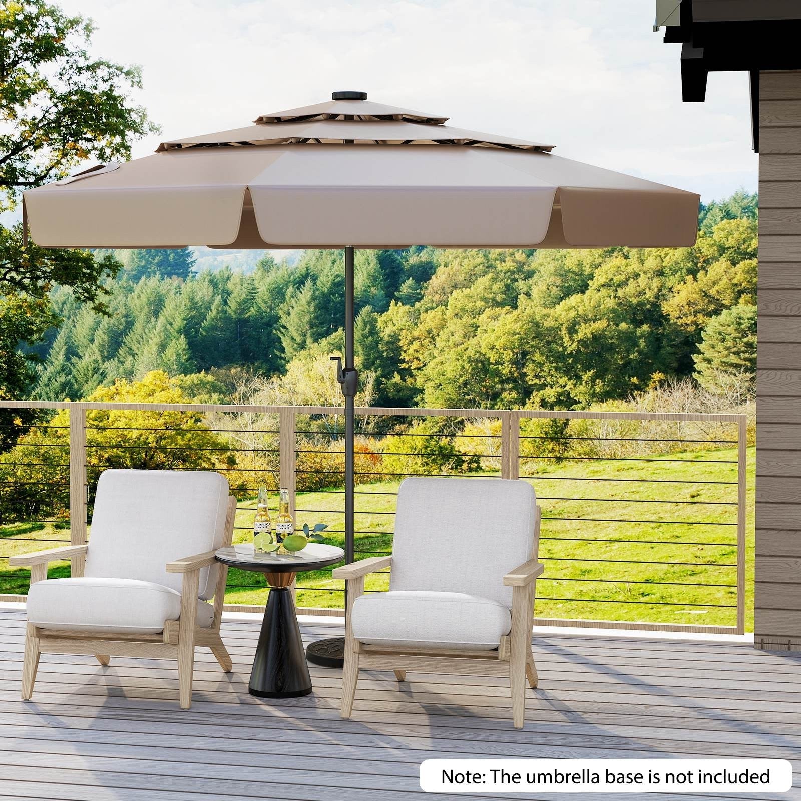 3m Solar Patio Umbrella w/ 32 LED Lights 3-Tier Vented Top Tilt Adjustment Beach