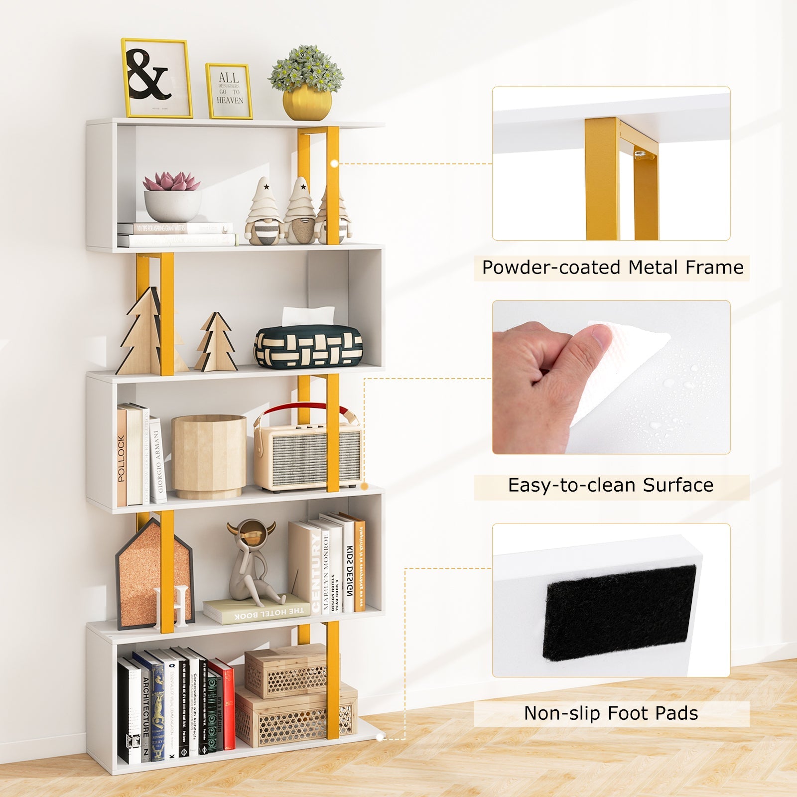 5/6-Tier Geometric Bookcase Decorative S-Shaped Storage Bookshelf w/ Metal Frame