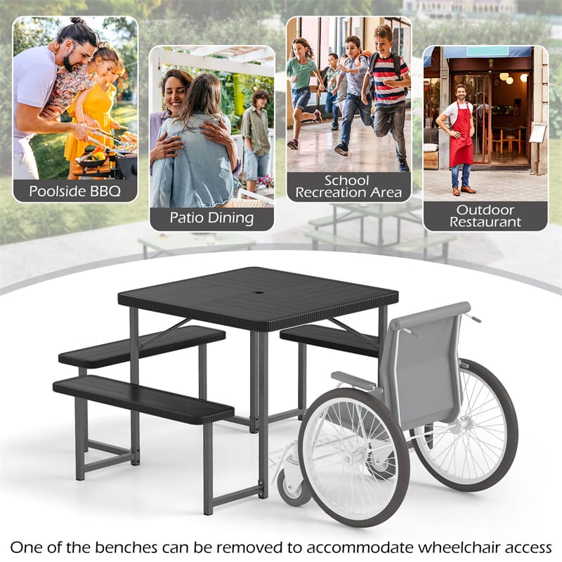 4-8 Person Outdoor Picnic Table Bench Set, All-Weather HDPE Square Dining Table with Umbrella Hole, 4 Benches & Metal Frame for Patio Backyard