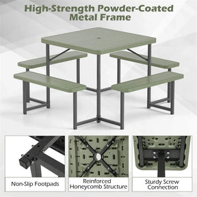 4-8 Person Outdoor Picnic Table Bench Set, All-Weather HDPE Square Dining Table with Umbrella Hole, 4 Benches & Metal Frame for Patio Backyard