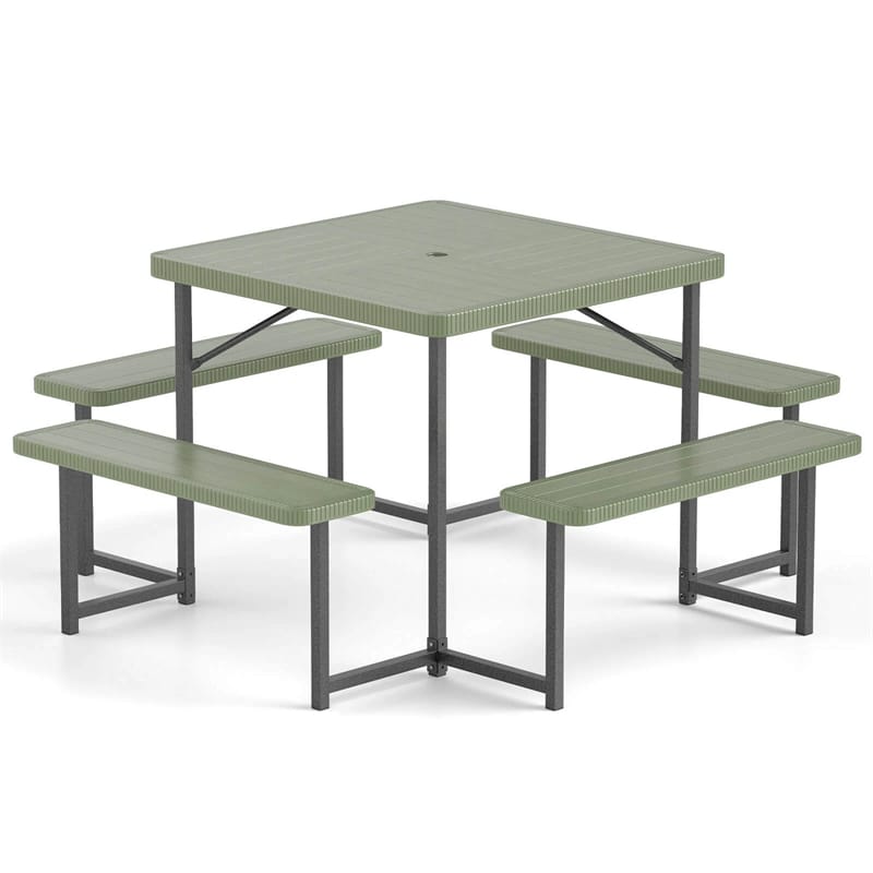 4-8 Person Outdoor Picnic Table Bench Set, All-Weather HDPE Square Dining Table with Umbrella Hole, 4 Benches & Metal Frame for Patio Backyard