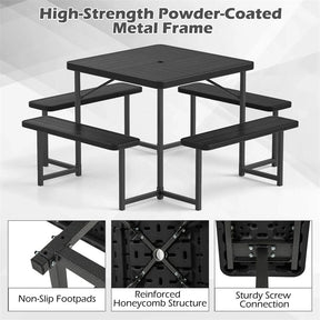 4-8 Person Outdoor Picnic Table Bench Set, All-Weather HDPE Square Dining Table with Umbrella Hole, 4 Benches & Metal Frame for Patio Backyard