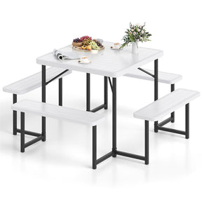 4-8 Person Outdoor Picnic Table Bench Set, All-Weather HDPE Square Dining Table with Umbrella Hole, 4 Benches & Metal Frame for Patio Backyard