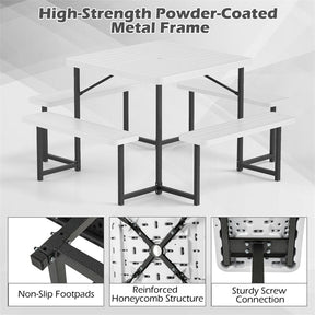 4-8 Person Outdoor Picnic Table Bench Set, All-Weather HDPE Square Dining Table with Umbrella Hole, 4 Benches & Metal Frame for Patio Backyard
