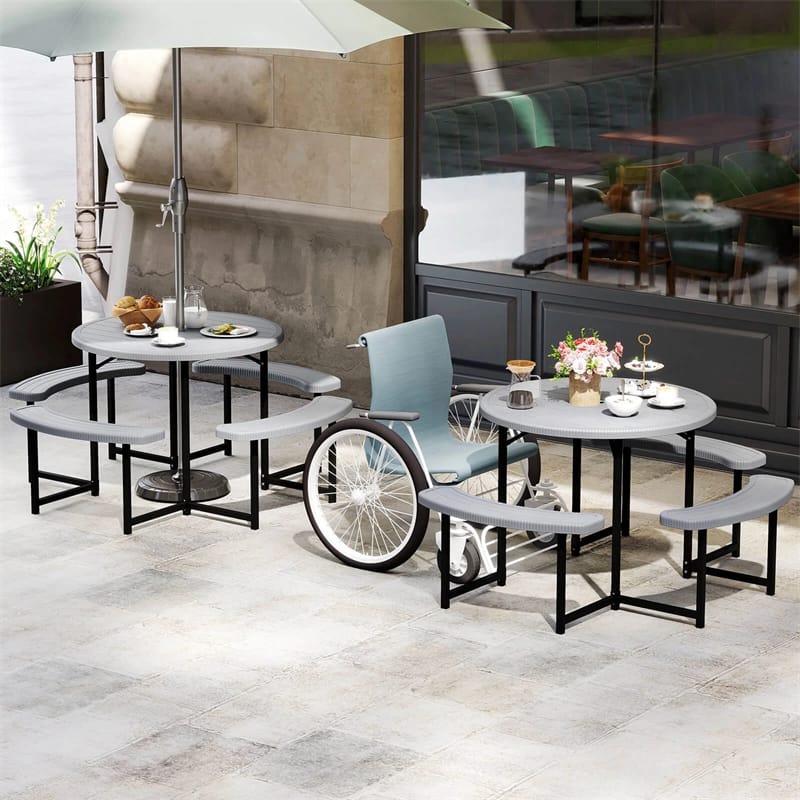 8 Person Round Outdoor Picnic Table Bench Set with Umbrella Hole, All-Weather HDPE Tabletop & Metal Frame for Patio Garden Yard
