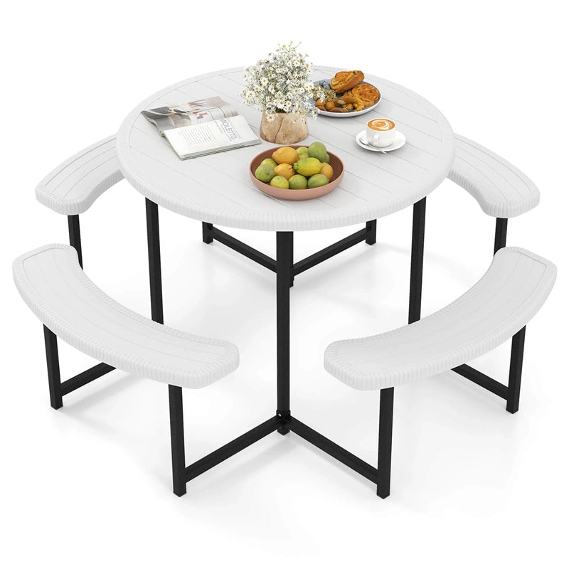 8 Person Round Outdoor Picnic Table Bench Set with Umbrella Hole, All-Weather HDPE Tabletop & Metal Frame for Patio Garden Yard