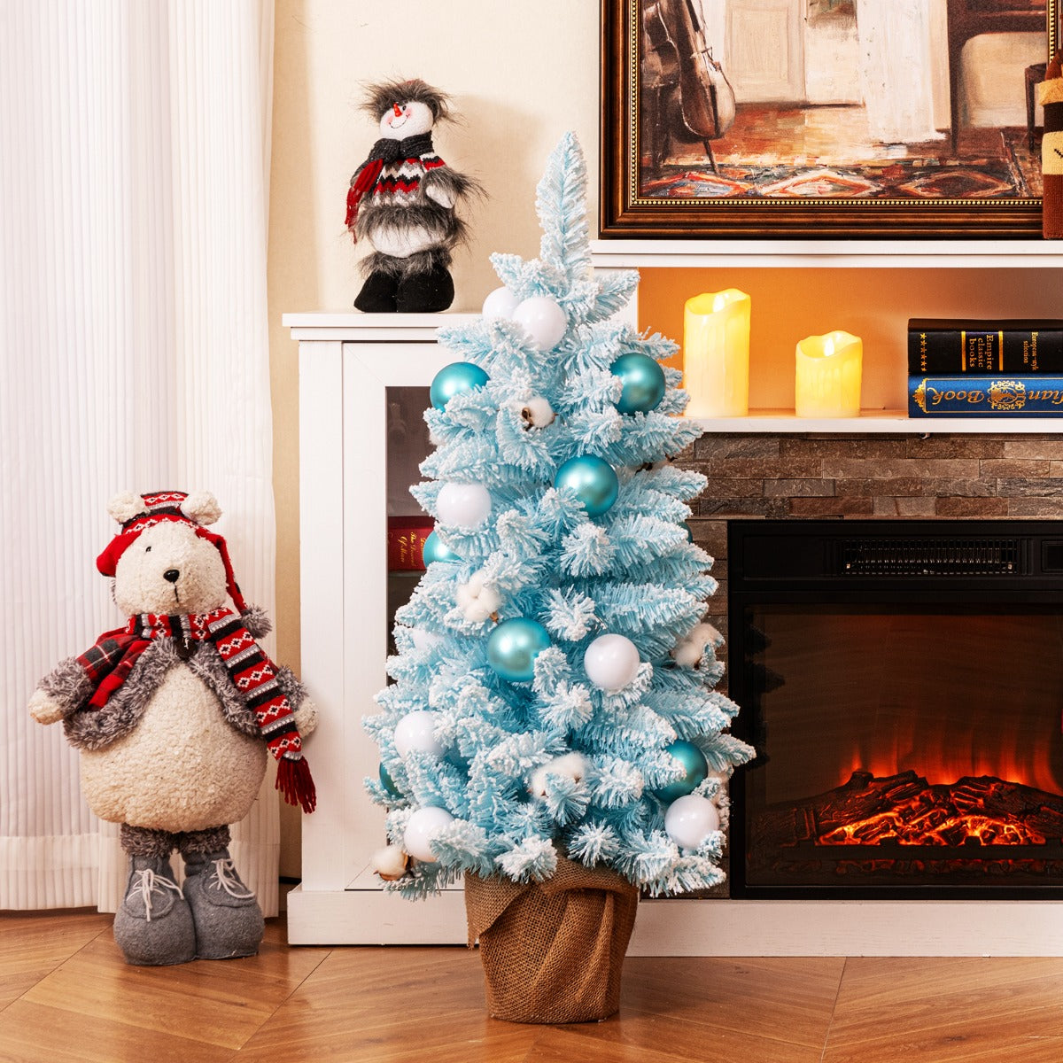 90 CM Artificial Mini Snow Flocked Christmas Tree with Natural Cotton Balls
