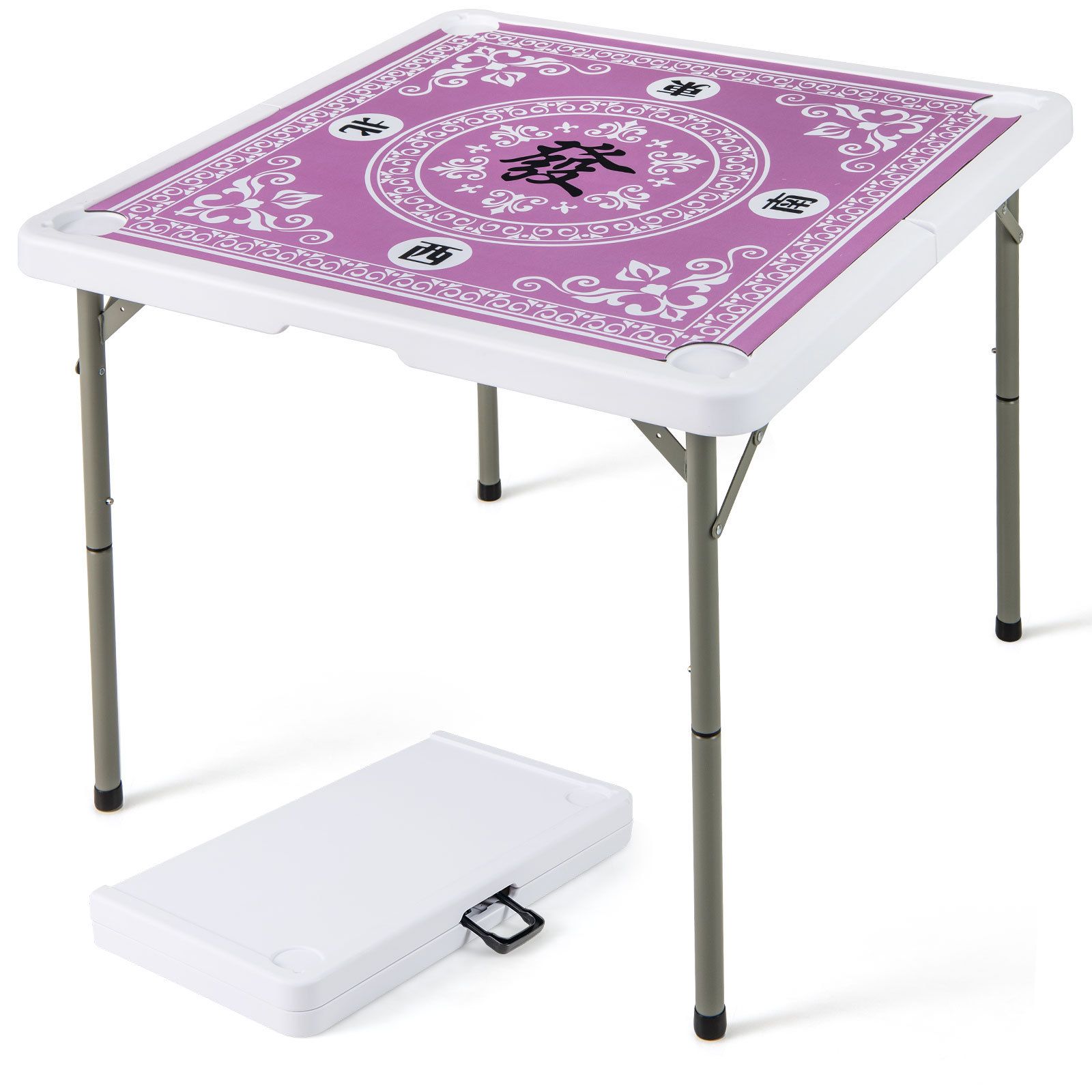 90cm Folding Mahjong Table, 4 Player Game Card Table w/Cup Holders & Smooth Felt Surface