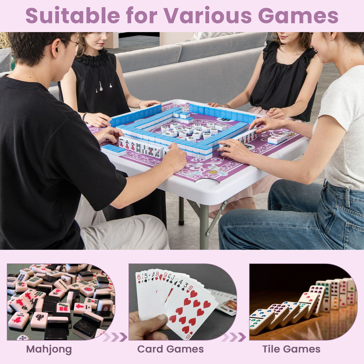 90cm Folding Mahjong Table, 4 Player Game Card Table w/Cup Holders & Smooth Felt Surface