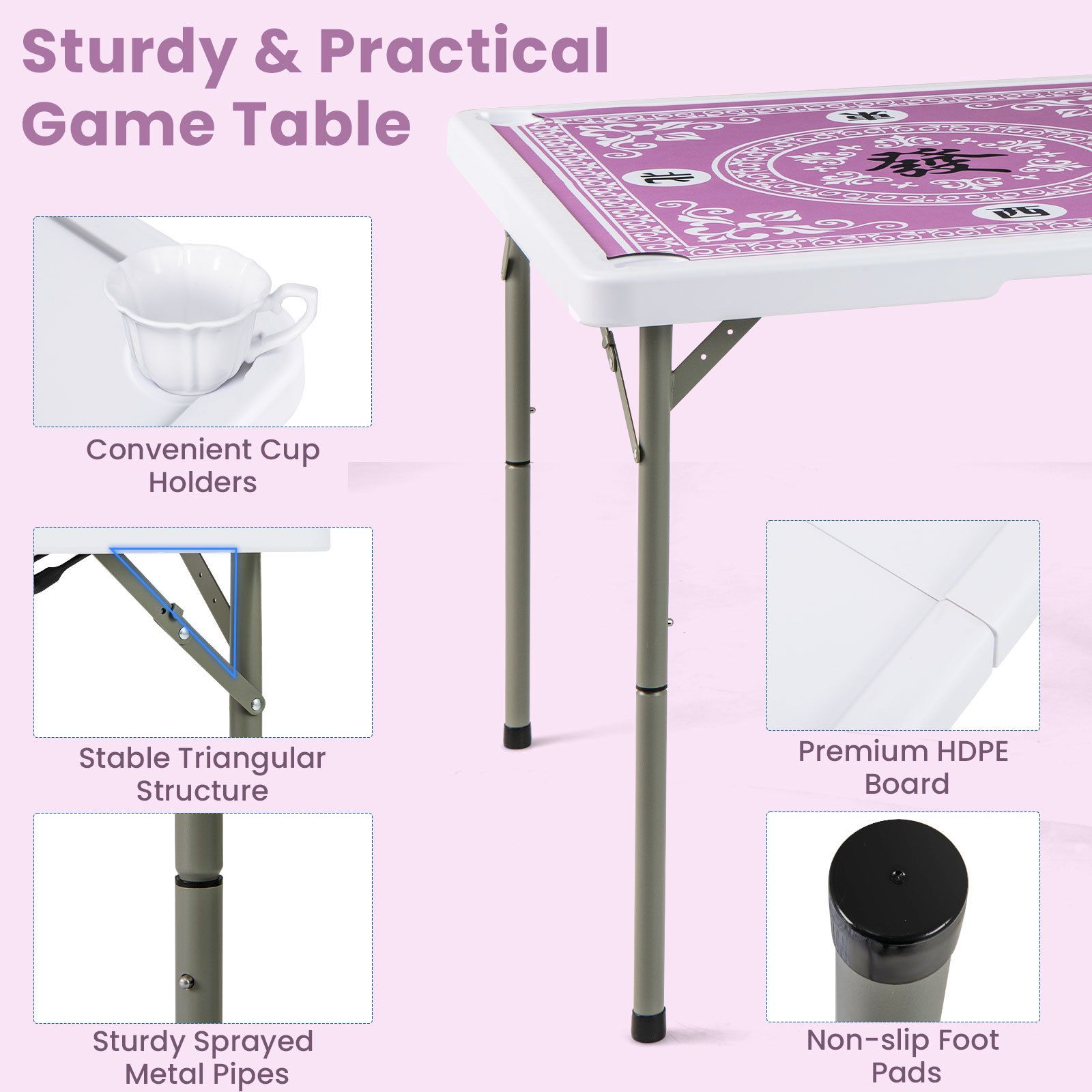 90cm Folding Mahjong Table, 4 Player Game Card Table w/Cup Holders & Smooth Felt Surface