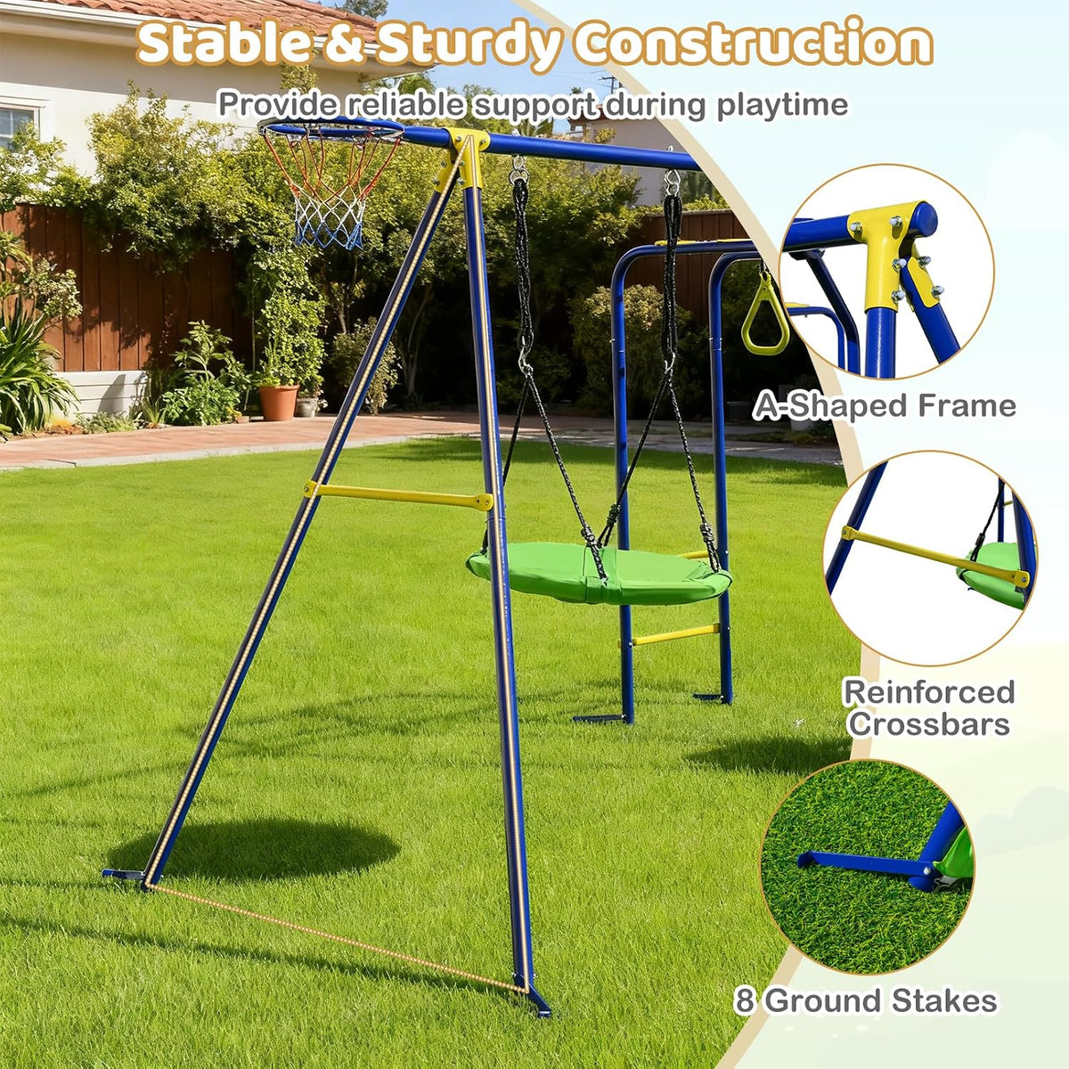 8-in-1 Outdoor Swing Set, Heavy-Duty Swing Stand with A-Shaped Metal Frame, 2 Swings, Glider, Gym Rings