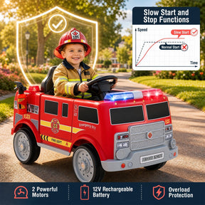 Kids Ride on Fire Truck, 12V Battery Powered Fire Car with Remote Control, Extinguisher, Shovel, Loudspeaker, Music, Sirens, Lights & Wireless Connection, Electric Vehicle for Children 3-8 Years Old