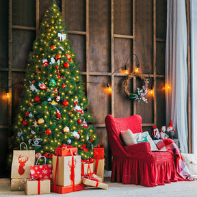 9FT Artificial Pre-lit Christmas Tree Premium Spruce Hinged Tree with 700 LED Lights and Plastic Cover