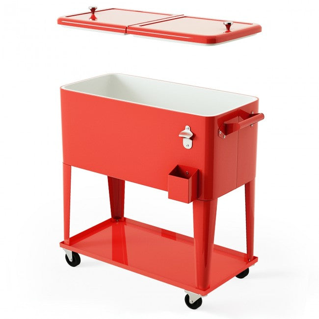 Outdoor 80 Quart Rolling Cooler Cart Patio Beverage Bar Trolley Ice Chest with Bottle Opener for Cookouts Party BBQ