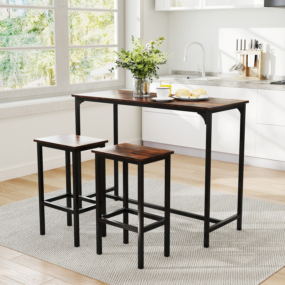 3-Piece Dining Table Set 120cm Counter-Height Kitchen Table & 2 Bar Stools