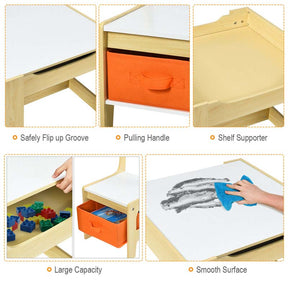 Kids Table & Chairs Set, 3-in-1 Wooden Toddler Activity Table with Storage, Reversible Tabletop & Blackboard for Art Craft, Drawing, Playroom
