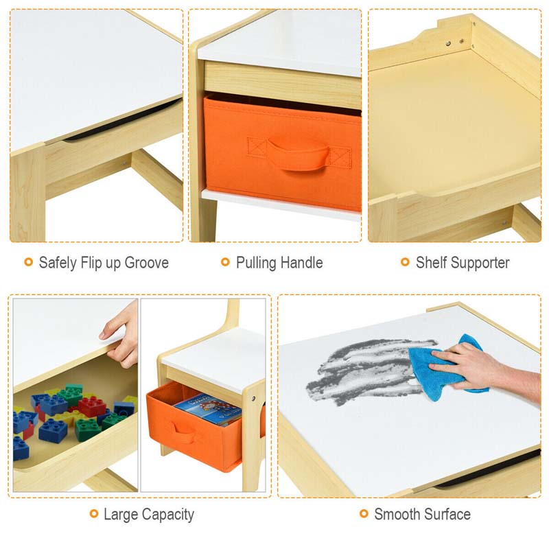 Kids Table & Chairs Set, 3-in-1 Wooden Toddler Activity Table with Storage, Reversible Tabletop & Blackboard for Art Craft, Drawing, Playroom