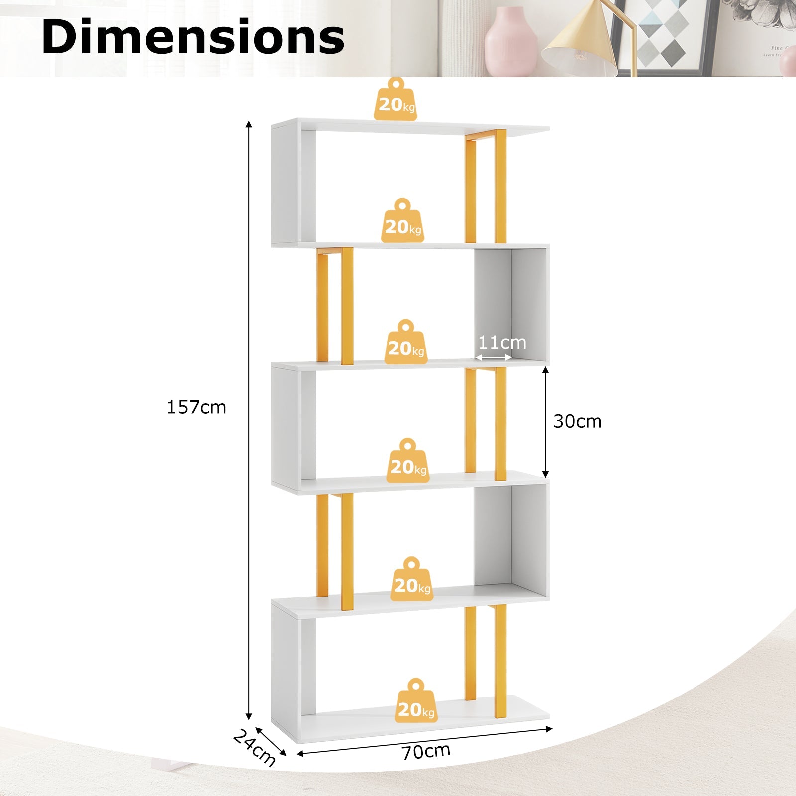 5/6-Tier Geometric Bookcase Decorative S-Shaped Storage Bookshelf w/ Metal Frame