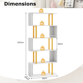 5/6-Tier Geometric Bookcase Decorative S-Shaped Storage Bookshelf w/ Metal Frame