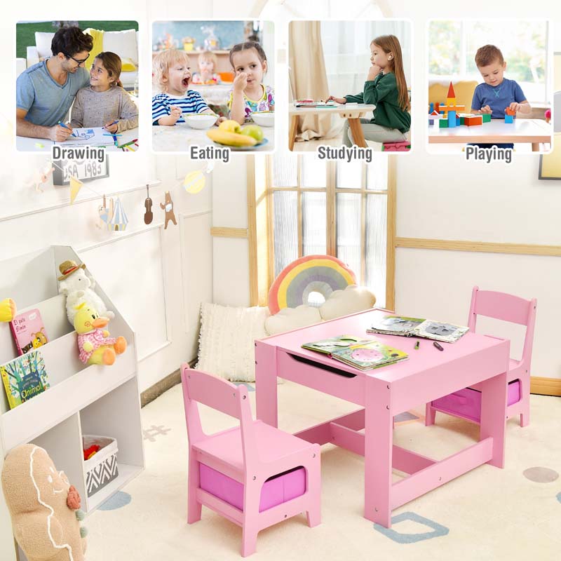 Kids Table & Chairs Set, 3-in-1 Wooden Toddler Activity Table with Storage, Reversible Tabletop & Blackboard for Art Craft, Drawing, Playroom