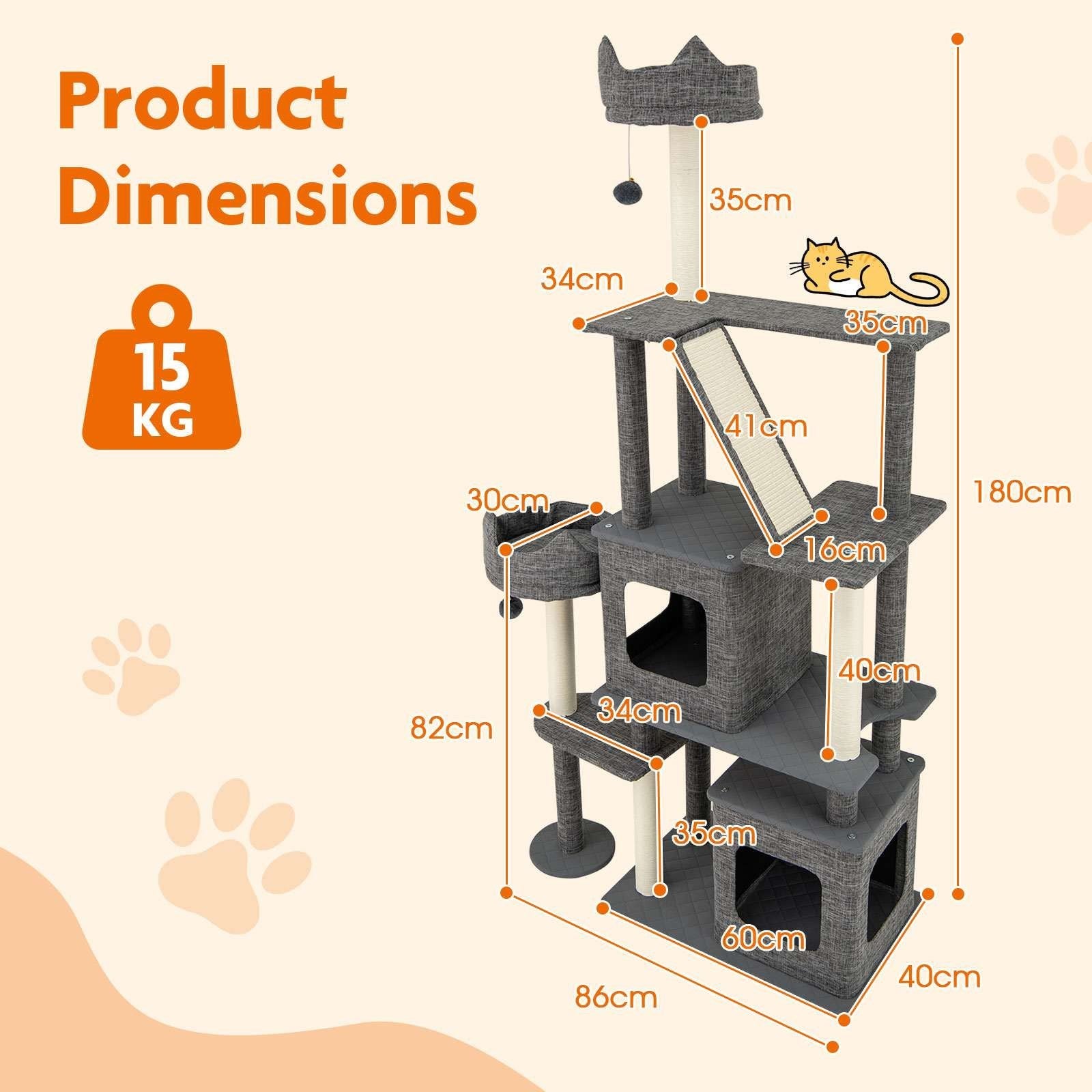 1.8 M Cat Tree, Multi-Level Large Cat Tower w/ Scratching Posts & Board & Ladder