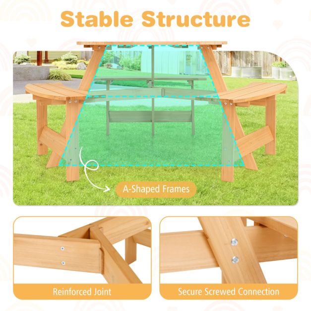 6 Person Kids Outdoor Wooden Picnic Table and Bench Set with Umbrella Hole