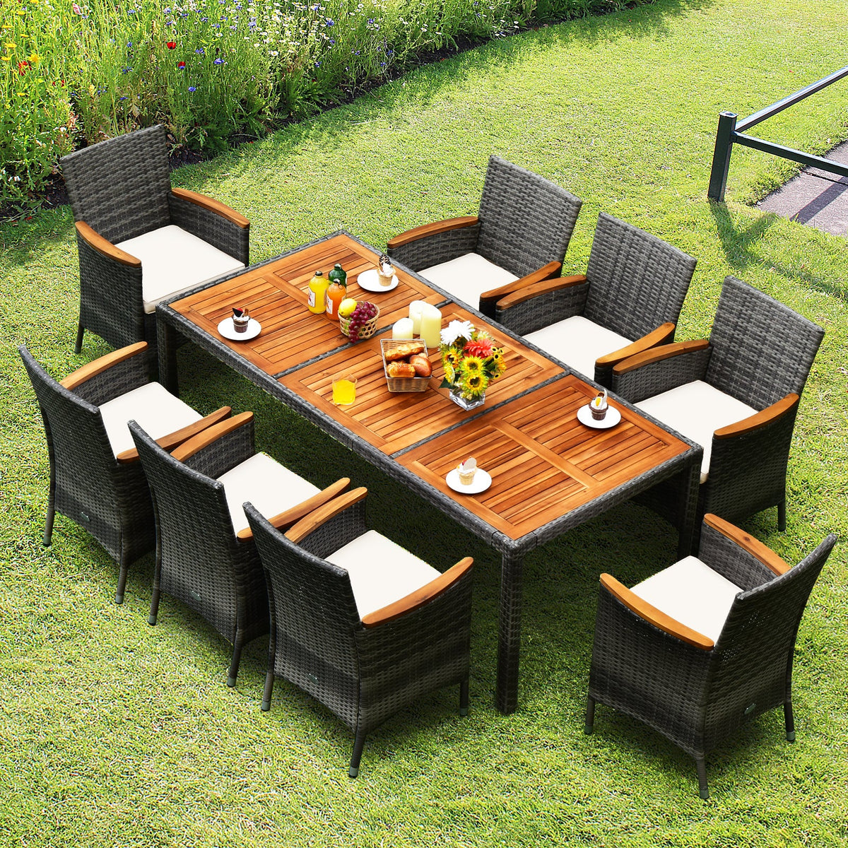 9 Pieces Outdoor Rattan Dining Set Patio Furniture Set with Cushioned Chairs and Table