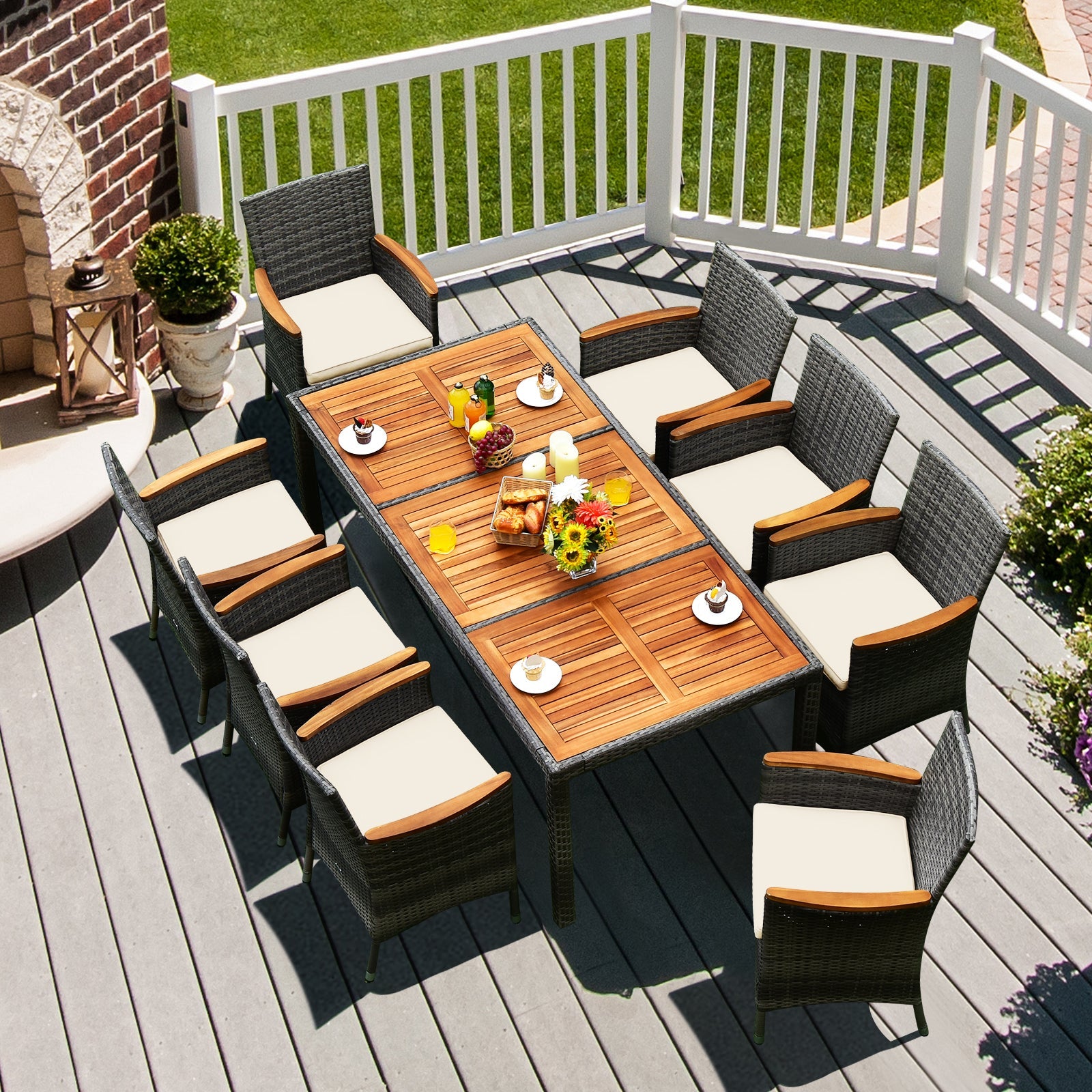 9 Pieces Outdoor Rattan Dining Set Patio Furniture Set with Cushioned Chairs and Table