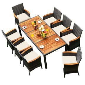 9 Pieces Outdoor Rattan Dining Set Patio Furniture Set with Cushioned Chairs and Table