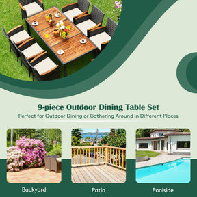 9 Pieces Outdoor Rattan Dining Set Patio Furniture Set with Cushioned Chairs and Table