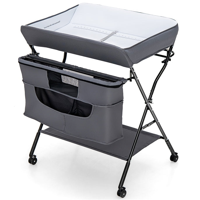 Foldable Baby Changing Table Portable Nursery Stand Organiser for Infant Newborn w/Large Storage Basket & Safety Belt