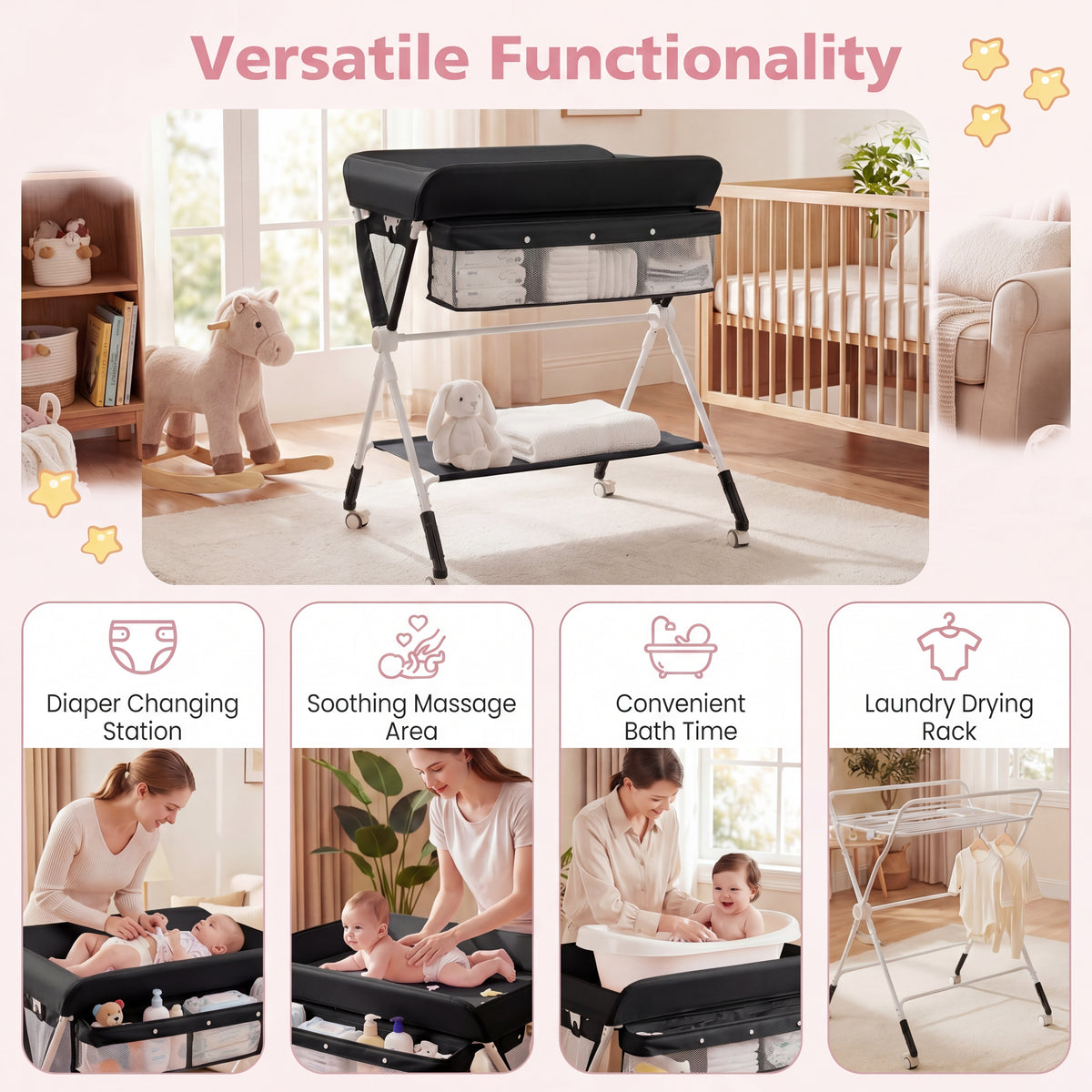 Portable Baby Changing Table, Foldable Diaper Changing Station w/ 3-Level Adjustable Height